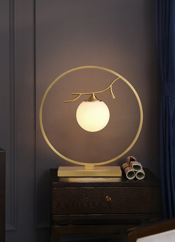 Postmodern Ball Shade Nightstand Lamp Ivory Glass 1-Light Living Room Table Light in Brass