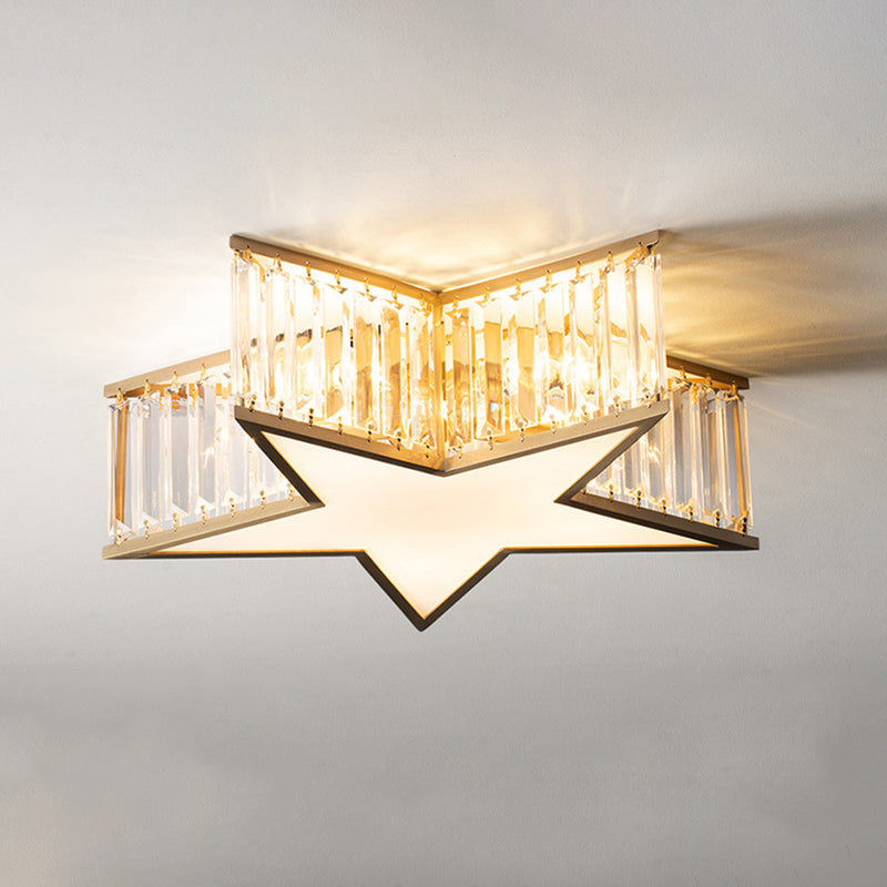 Plafonnier Gold Star de style classique colonial en cuivre à 5 lumières avec abat-jour en cristal