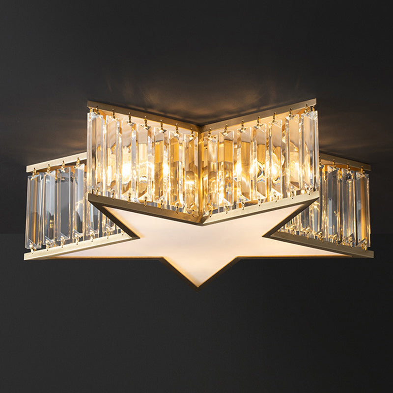 Plafonnier Gold Star de style classique colonial en cuivre à 5 lumières avec abat-jour en cristal