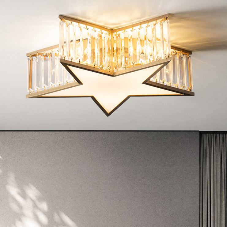 Plafonnier Gold Star de style classique colonial en cuivre à 5 lumières avec abat-jour en cristal