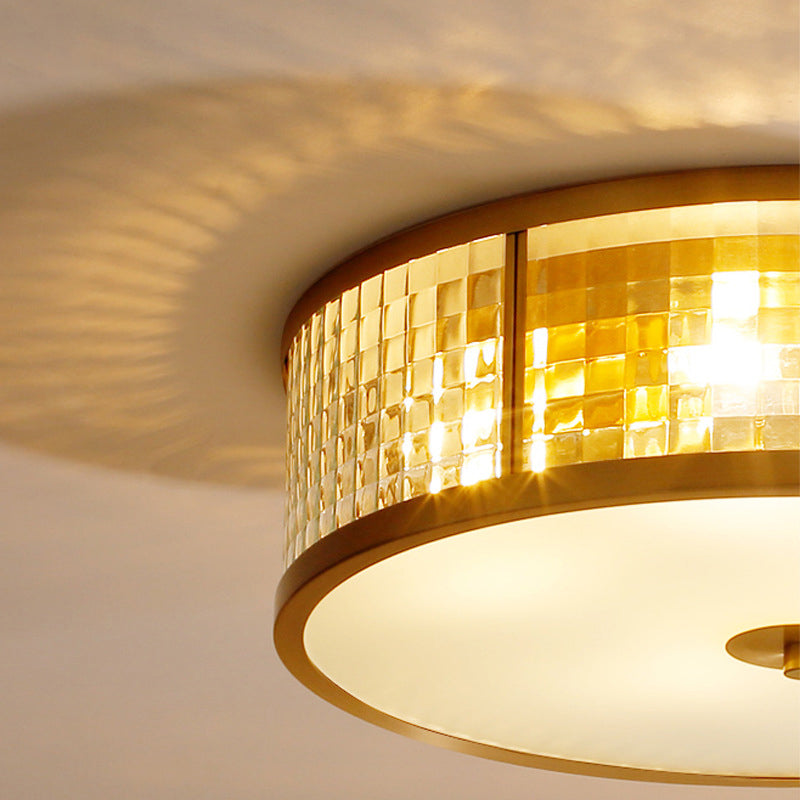 Colonical Artistic Circular Flush Mount Copper Indoor Ceiling Light with Glass Shade