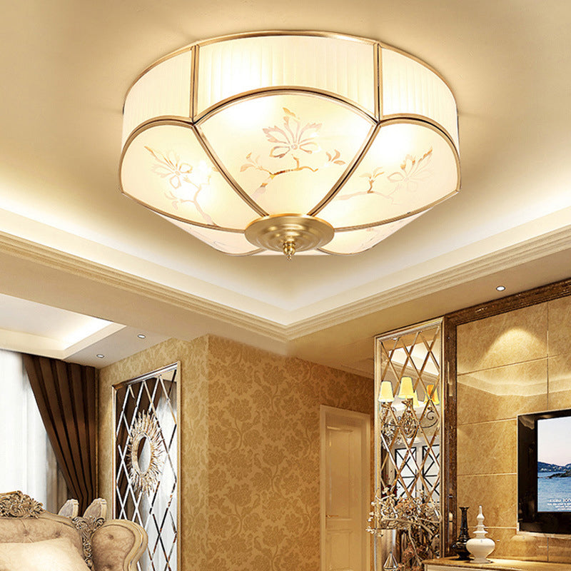 Gold Bowl Ceiling Light in Colonical Luxury Style Copper Flush Mount with Printing Glass Shade