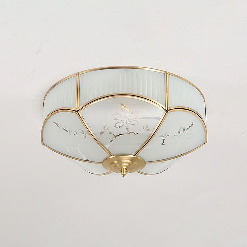 Gold Bowl Ceiling Light in Colonical Luxury Style Copper Flush Mount with Printing Glass Shade