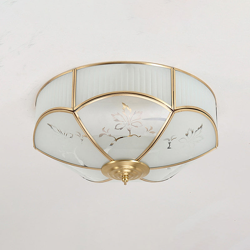 Gold Bowl Ceiling Light in Colonical Luxury Style Copper Flush Mount with Printing Glass Shade