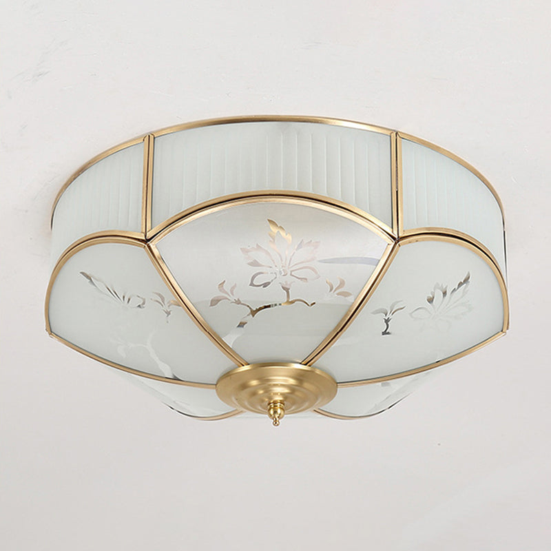 Gold Bowl Ceiling Light in Colonical Luxury Style Copper Flush Mount with Printing Glass Shade