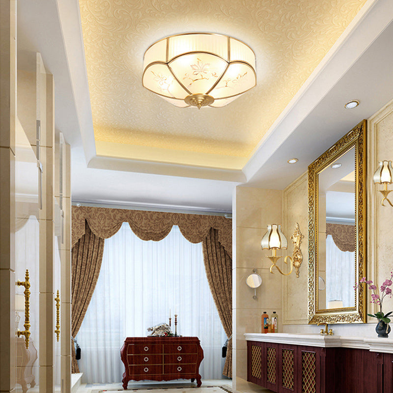 Gold Bowl Ceiling Light in Colonical Luxury Style Copper Flush Mount with Printing Glass Shade