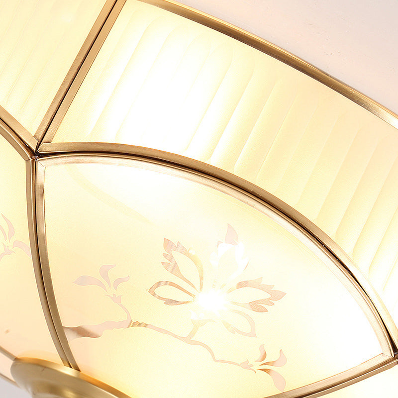 Gold Bowl Ceiling Light in Colonical Luxury Style Copper Flush Mount with Printing Glass Shade