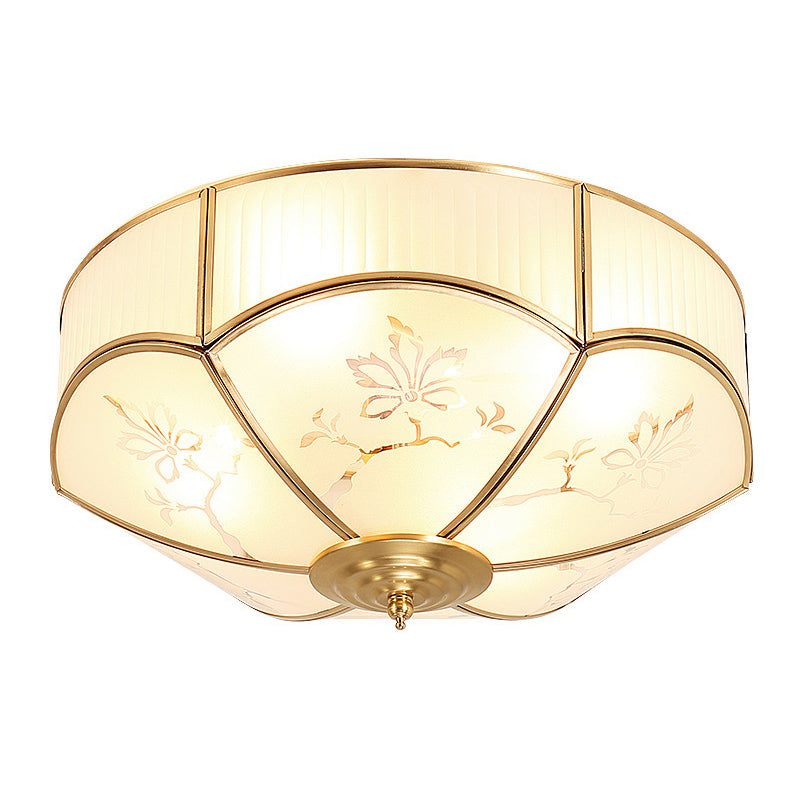 Gold Bowl Ceiling Light in Colonical Luxury Style Copper Flush Mount with Printing Glass Shade
