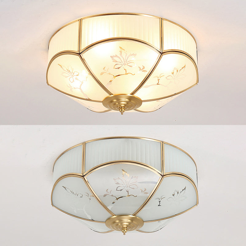 Gold Bowl Ceiling Light in Colonical Luxury Style Copper Flush Mount with Printing Glass Shade