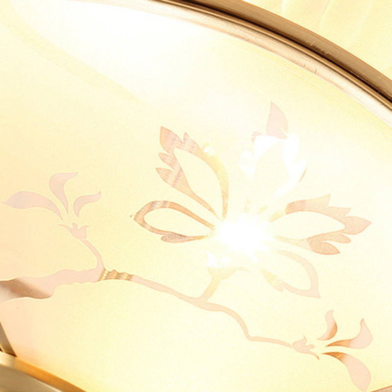 Gold Bowl Ceiling Light in Colonical Luxury Style Copper Flush Mount with Printing Glass Shade