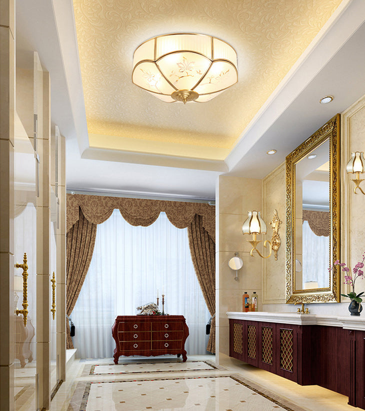 Gold Bowl Ceiling Light in Colonical Luxury Style Copper Flush Mount with Printing Glass Shade