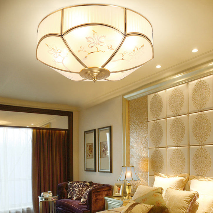 Gold Bowl Ceiling Light in Colonical Luxury Style Copper Flush Mount with Printing Glass Shade
