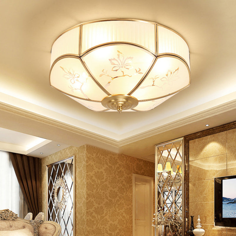 Gold Bowl Ceiling Light in Colonical Luxury Style Copper Flush Mount with Printing Glass Shade