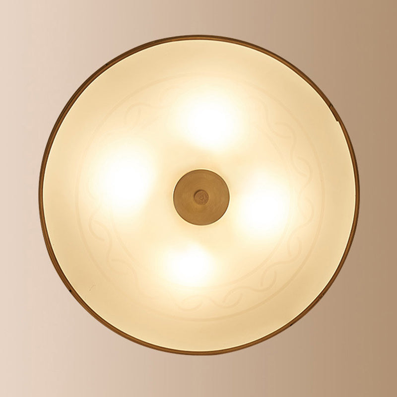 Plafonnier circulaire doré de style artistique colonial, plafonnier d'intérieur en cuivre avec abat-jour en verre