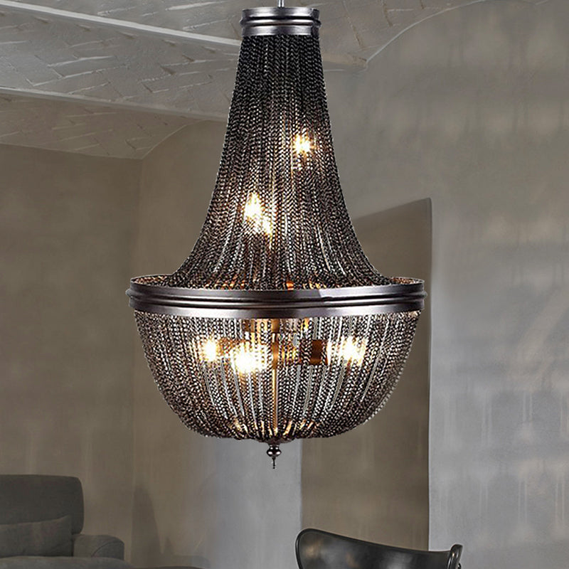 Chain Fringe Living Room Chandelier Rural Metallic 6 Lights Black Down Lighting Pendant