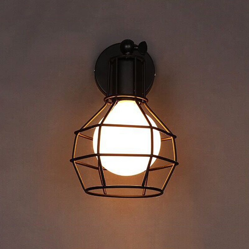 Diamond Cage Wall Mount Lamp 1-Light Vintage Black Wall Lighting Fixture for Hallway