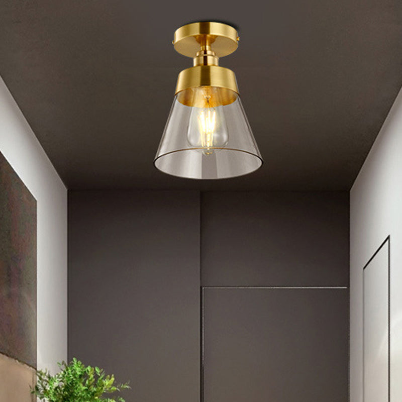 1 Light Gold Finish Semi-Flush Mount Light with Conical Shade and Clear Glass Minimalist Semi Flush Ceiling Light