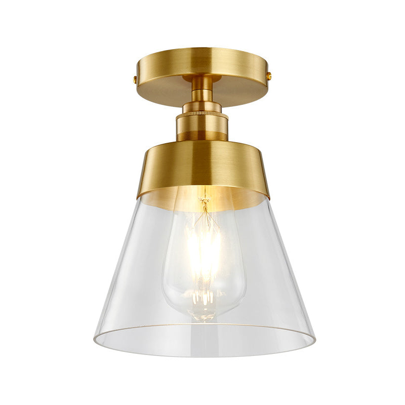 1 Light Gold Finish Semi-Flush Mount Light with Conical Shade and Clear Glass Minimalist Semi Flush Ceiling Light
