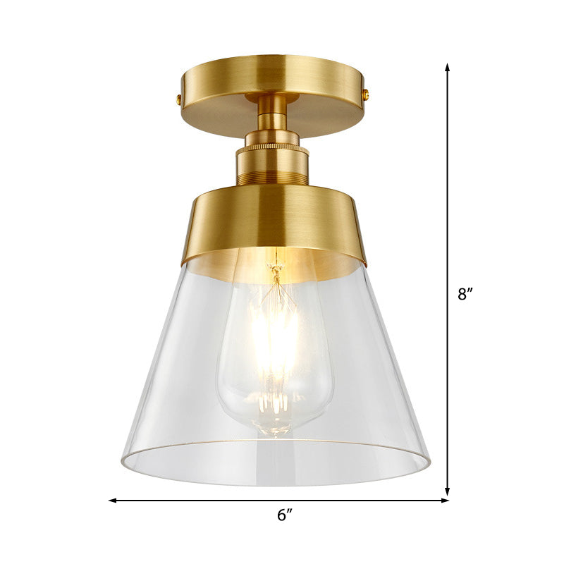 1 Light Gold Finish Semi-Flush Mount Light with Conical Shade and Clear Glass Minimalist Semi Flush Ceiling Light