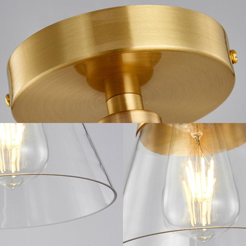 1 Light Gold Finish Semi-Flush Mount Light with Conical Shade and Clear Glass Minimalist Semi Flush Ceiling Light
