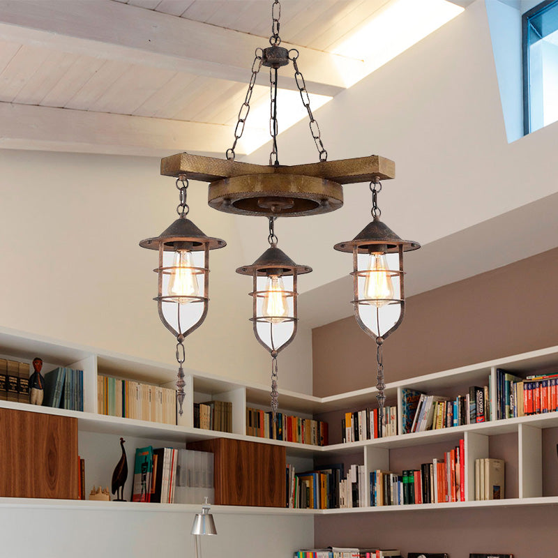 Metal Caged Chandelier Lighting Factory 3/7 Lights Restaurant Hanging Light Kit in Wood