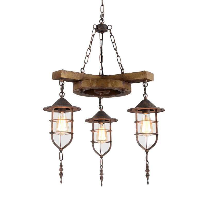 Metal Caged Chandelier Lighting Factory 3/7 Lights Restaurant Hanging Light Kit in Wood