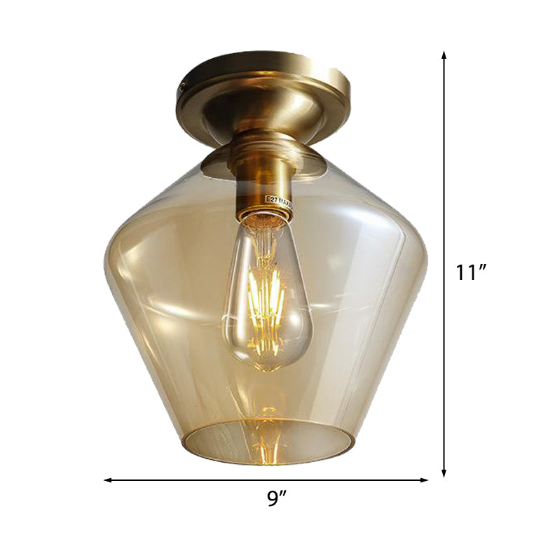 Lámpara de techo de tambor/jarrón con pantalla de cristal ámbar, lámpara de techo contemporánea de 1 luz con acabado de latón