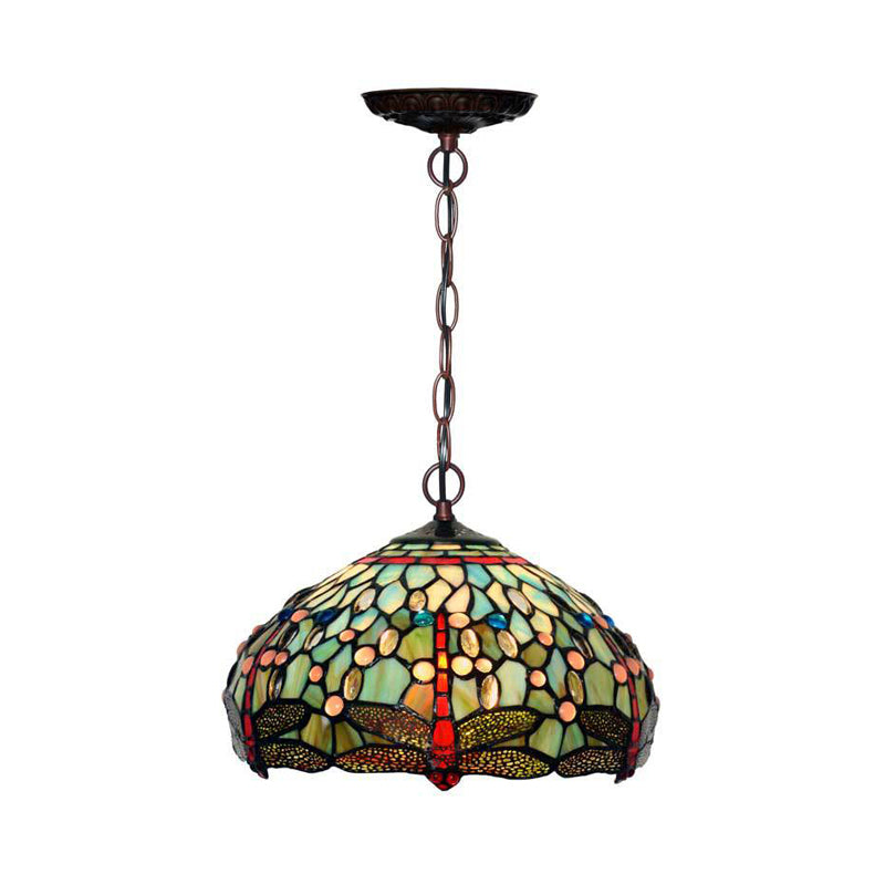 Dragonfly Pendant Lighting Fixture Victorian Red/Green Stained Glass 1 Light Hanging Ceiling Light