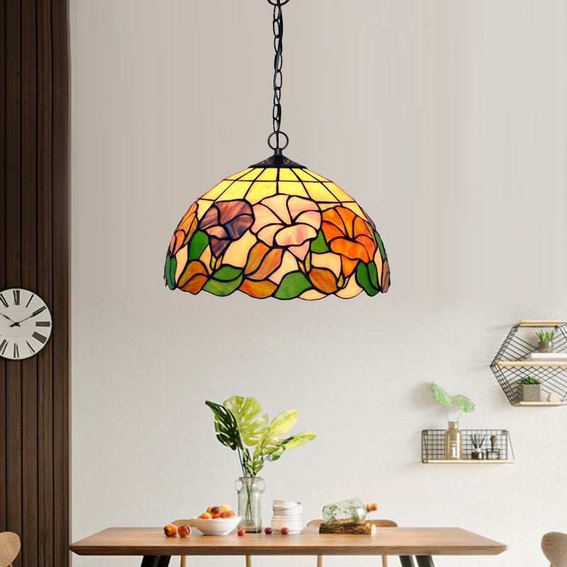 Blossom Pendulum Light 1 Light Red/Pink/Yellow Stained Glass Mediterranean Pendant Lighting Fixture