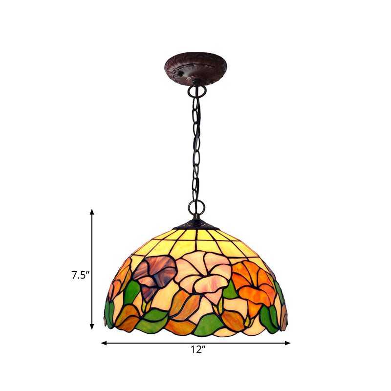 Blossom Pendulum Light 1 Light Red/Pink/Yellow Stained Glass Mediterranean Pendant Lighting Fixture