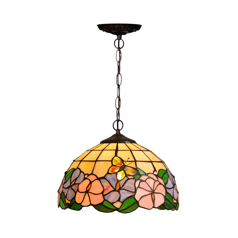 Blossom Pendulum Light 1 Light Red/Pink/Yellow Stained Glass Mediterranean Pendant Lighting Fixture