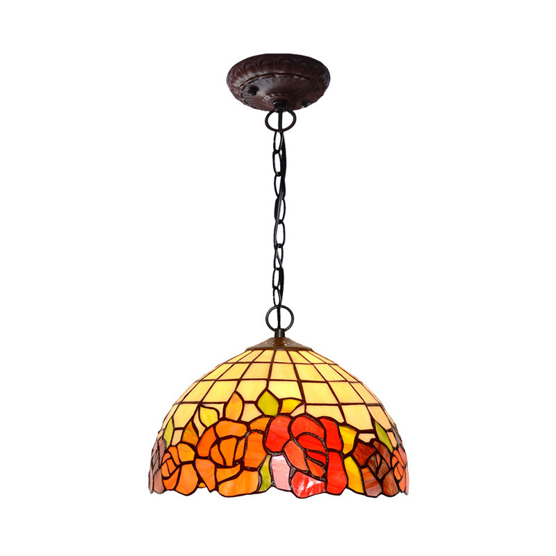 Blossom Pendulum Light 1 Light Red/Pink/Yellow Stained Glass Mediterranean Pendant Lighting Fixture