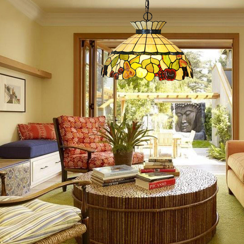 Black 3 Lights Chandelier Baroque Yellow Stained Glass Domed Shade Pendant Lighting