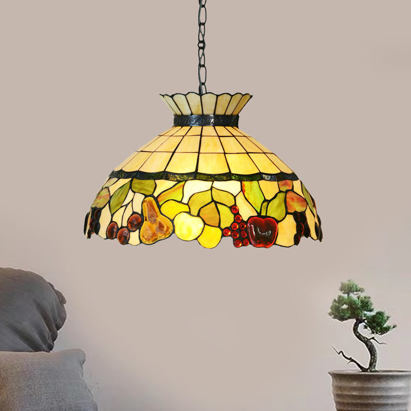 Black 3 Lights Chandelier Baroque Yellow Stained Glass Domed Shade Pendant Lighting