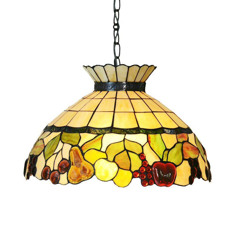 Black 3 Lights Chandelier Baroque Yellow Stained Glass Domed Shade Pendant Lighting