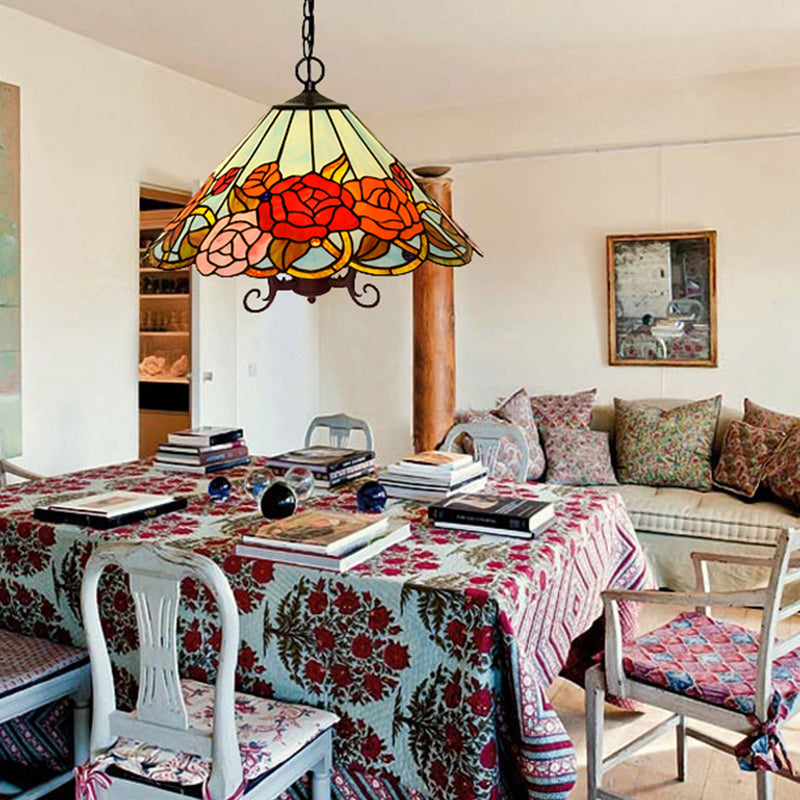 Illuminazione floreale illuminazione in stile tiffany rosso in vetro 3 luci in bronzo appeso soffitto luce