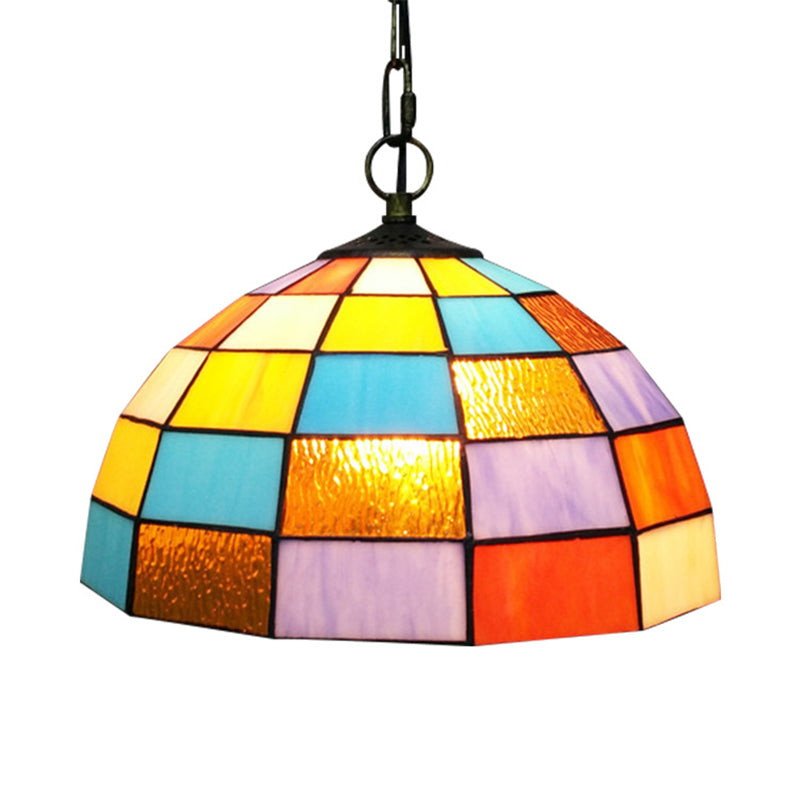 1 Light Living Room Hanging Ceiling Light Baroque Black Pendant with Domed Orange Cut Glass Shade