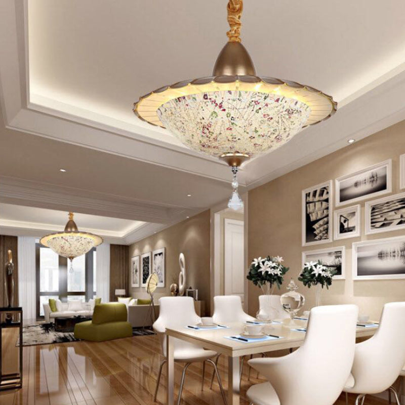 Ciotola a LED Ciotola Luffale Apparecchio di illuminazione Mediterranea Copone di sospensione in vetro bianco con goccia di cristallo