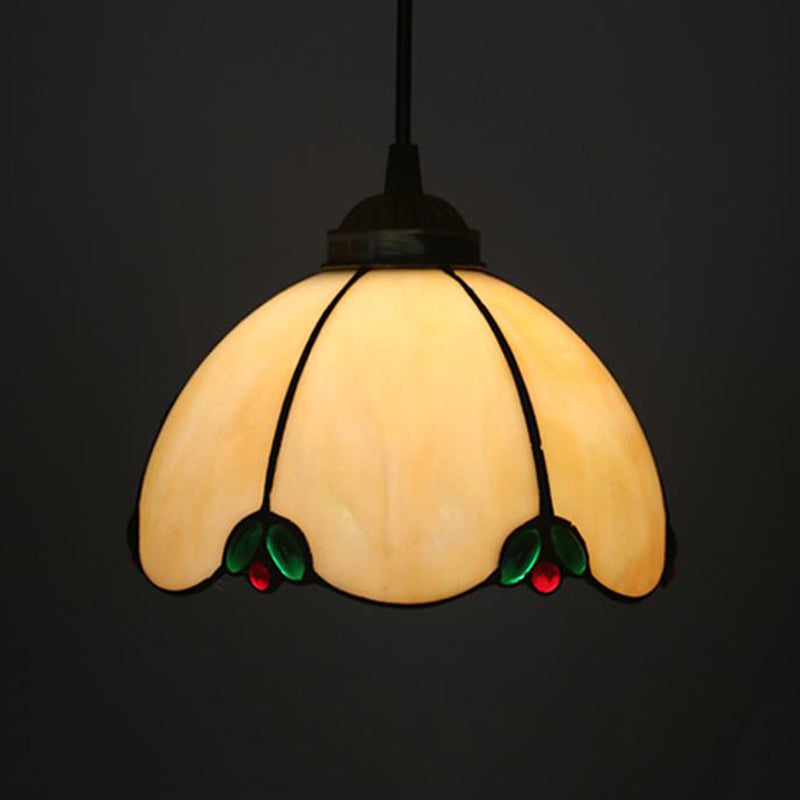 Black 1 Light Hanging Pendant Baroque Beige/Blue/Green Glass Domed Shade Drop Lamp for Dining Room