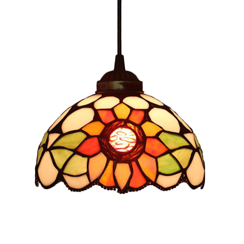 Victorian Floral Ceiling Pendant 1 Light Beige/Red/Pink Cut Glass Hanging Light Fixtures for Dining Room