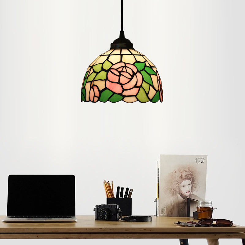 Blossom Pendant Light Fixture Tiffany Style Red/Pink/Green Cut Glass 1 Light Bronze Down Lighting for Dining Room