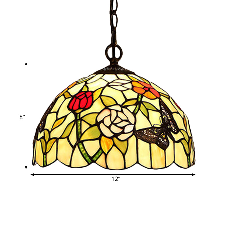 1/2 Lights Kitchen Chandelier Pendant Light Mediterranean Bronze Ceiling Lamp with Domed Red/Yellow Cut Glass Shade, 12"/16" W