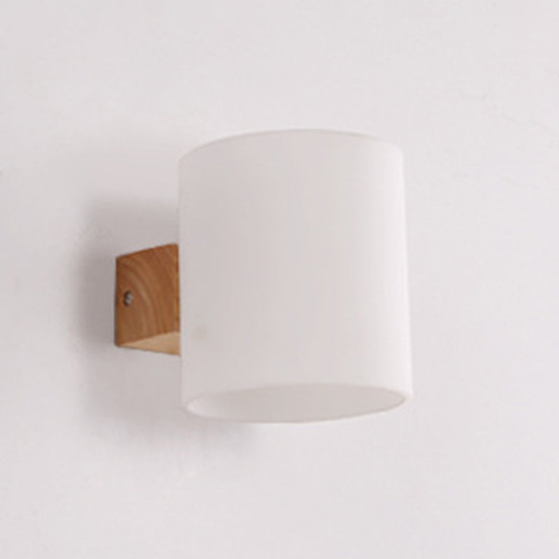 Wooden Cylindrical Wall Lamp in Modern Concise Style White Glass Wall Light for Bedroom