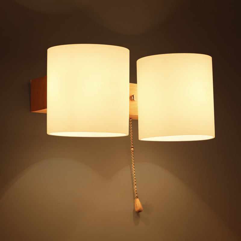 Wooden Cylindrical Wall Lamp in Modern Concise Style White Glass Wall Light for Bedroom