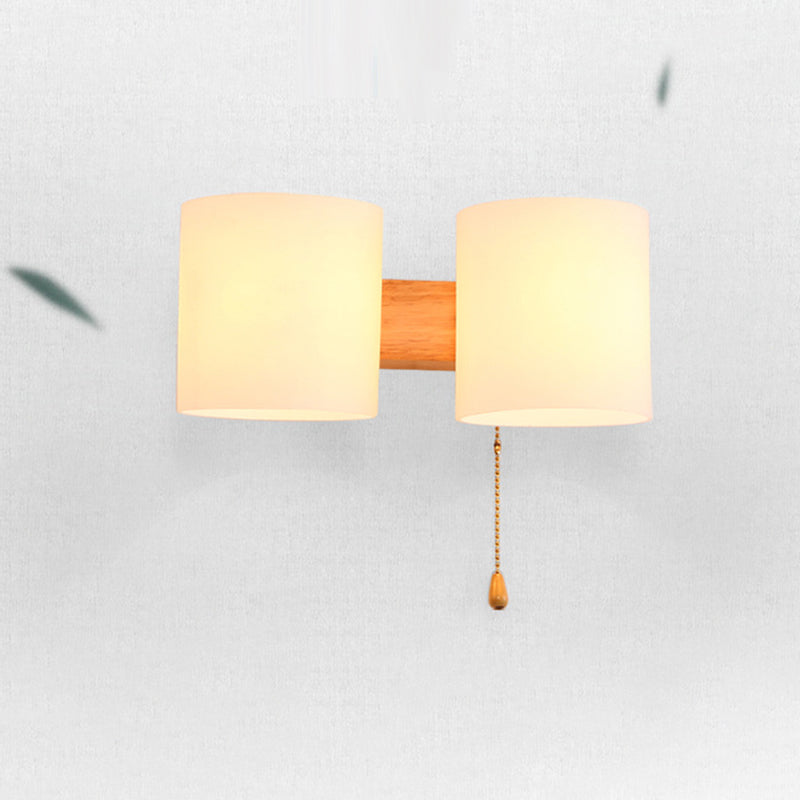 Wooden Cylindrical Wall Lamp in Modern Concise Style White Glass Wall Light for Bedroom