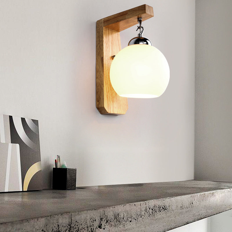 White Glass Wall Lamp in Modern Minimalist Style Wooden Globe Wall Light for Interior Spaces