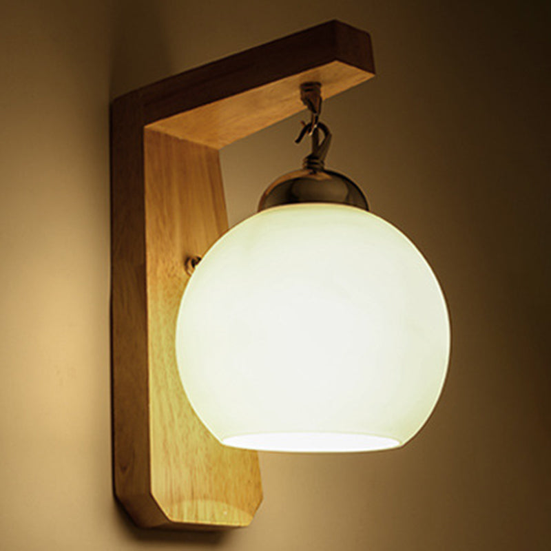 White Glass Wall Lamp in Modern Minimalist Style Wooden Globe Wall Light for Interior Spaces