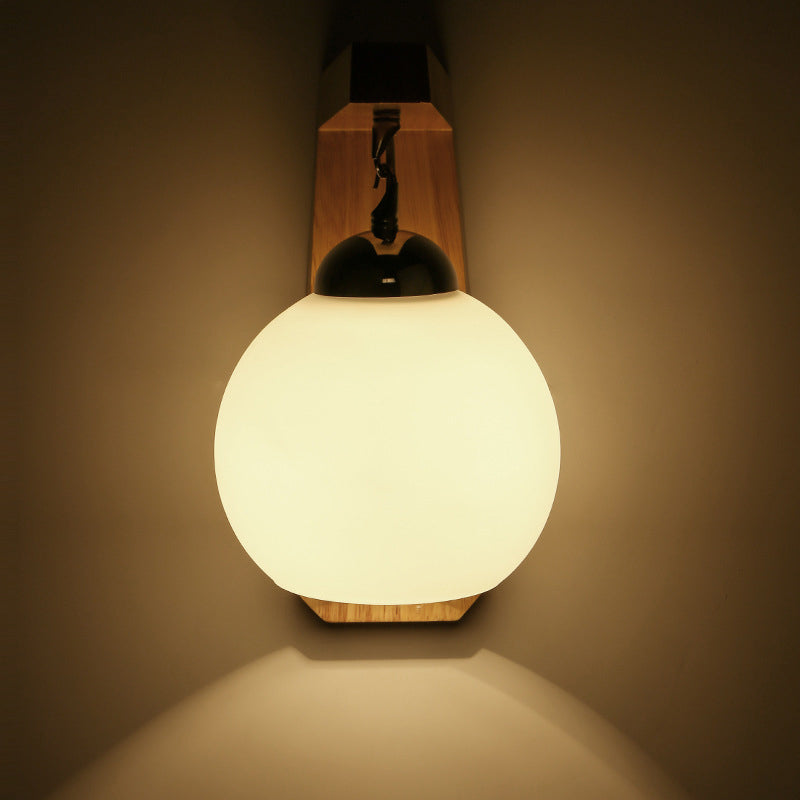 White Glass Wall Lamp in Modern Minimalist Style Wooden Globe Wall Light for Interior Spaces