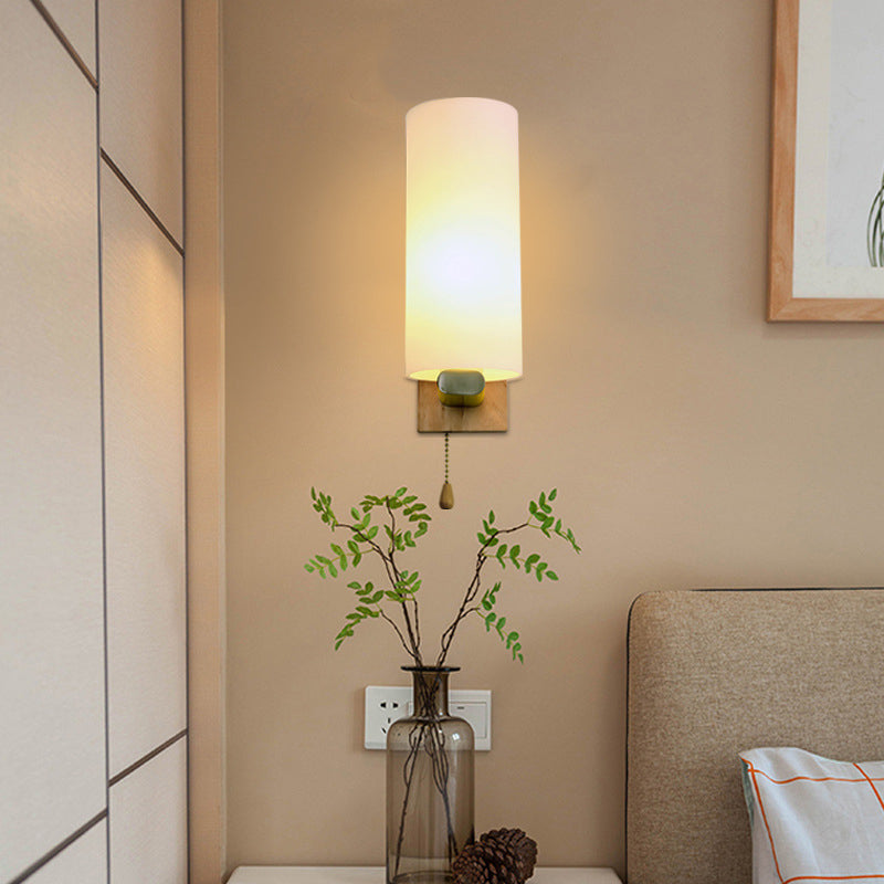 White Glass Wall Light in Modern Concise Style Wooden Cylindroid Wall Sconce for Bedroom