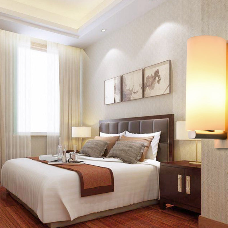 White Glass Wall Light in Modern Concise Style Wooden Cylindroid Wall Sconce for Bedroom